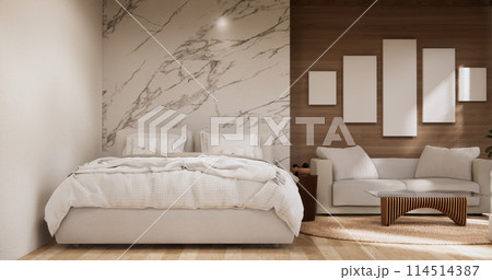Bedroom minimal Modern wall and wooden tiles floor. Bedroom minimal Modern wall and wooden tiles floor. 114514387