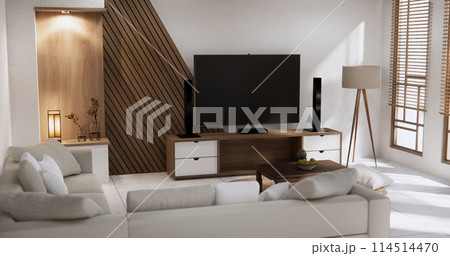 Cabinet room wooden interior wabisabi and armchair sofa and decoration japanese style. 114514470