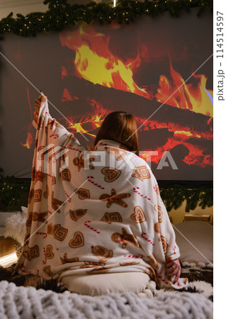 Young beautiful woman from behind sit on bed with cake man on wrap in room decorated for celebrating the new year and christmas festive mood on projector fireplace image background Young beautiful woman from behind sit on bed with cake man on wrap in room decorated for celebrating the new year and christmas festive mood on projector fireplace image background 114514597