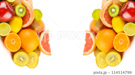Set of fruits isolated on a white . Free space for text. Wide photo. Collage. 114514799