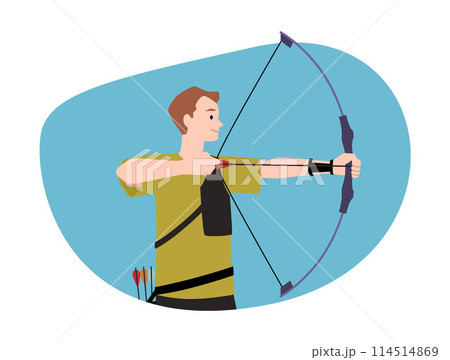 Young professional archer man focus aiming, ready to shoot vector flat illustration, cartoon archery sport activity 114514869