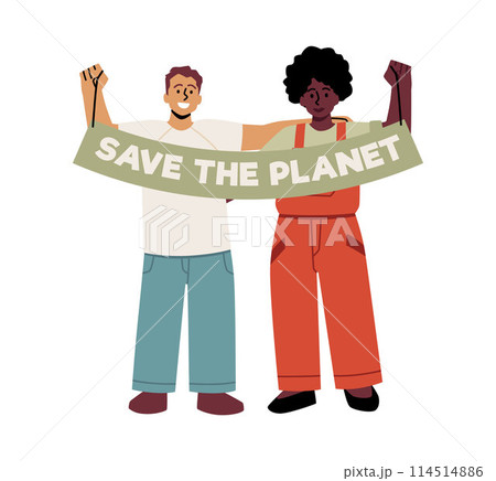Flat illustration of activists with slogan "Save this planet!" Flat illustration of activists with slogan "Save this planet!" 114514886