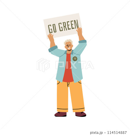 Vector protester holding a Go Green sign for environmental propaganda. 114514887