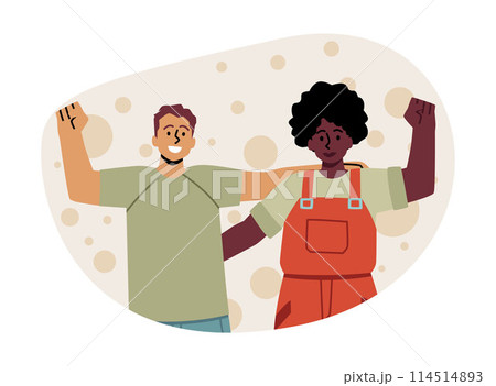 Diverse people stick together, multicultural group flat vector, cartoon demonstration Human rights male characters 114514893