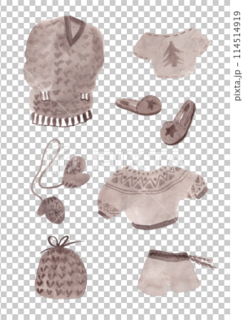 Set of home warm clothes. Vintage watercolor illustration with home clothes. Design in watercolor style. Sketch elements 114514919