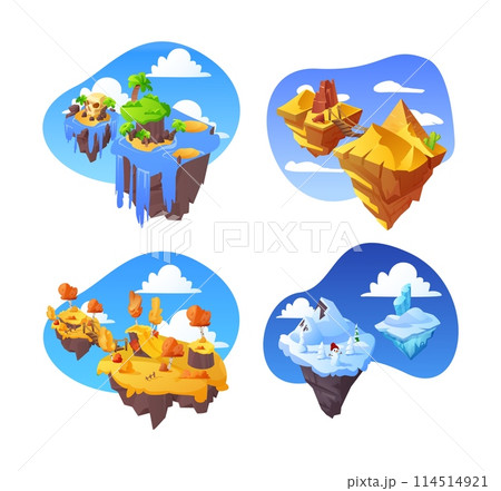 Fantasy islands floating in the sky vector set, tropical, ice and desert land, winter and autumn islands, game platforms 114514921