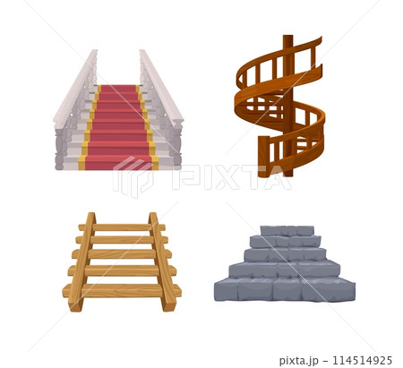 Wooden, marble and stone stairs on an isolated background. Wooden, marble and stone stairs on an isolated background. 114514925