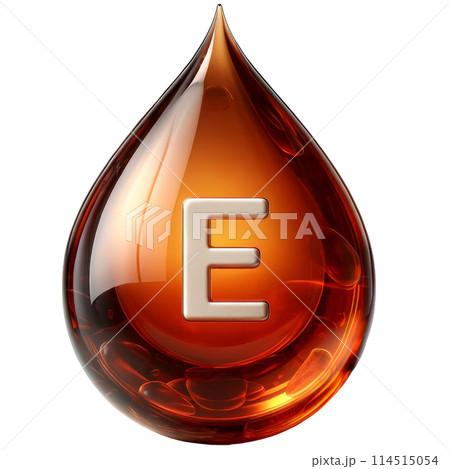 3D rendering of golden drop shaped like Vitamin E, symbolizing oil based vitamin E supplements. 114515054