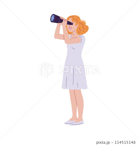 Young woman looking on to something through telescope and laughing vector flat illustration, searching or observation Young woman looking on to something through telescope and laughing vector flat illustration, searching or observation 114515148