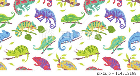 Vector seamless pattern with chameleons sitting on a tree branch on a white background 114515169