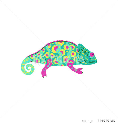 Charming vector illustration in flat chameleon style with an unusual neon pattern on the body Charming vector illustration in flat chameleon style with an unusual neon pattern on the body 114515183