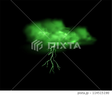 Green cloud with lightning strikes thundercloud, vector realistic storm cloud, magical energy flash, glowing thunderbolt 114515190