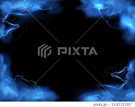 Blue lightning strikes and smoke effect frame background, storm clouds, magical energy flash with fog border design 114515202