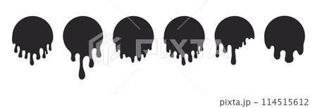 Melt drip circle silhouette paint round splash with drops, liquid shape, stain isolated on white background. Collection of Flowing fluid, slime or cream. 114515612