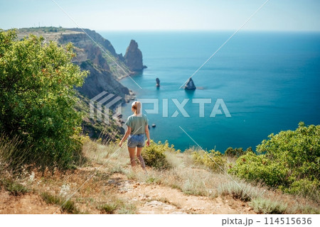 A woman is walking on a beach near the ocean A woman is walking on a beach near the ocean 114515636