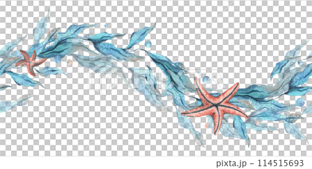 Seaweed in the shape of a wave with starfish and water bubbles. Watercolor illustration hand drawn in turquoise and coral colors. Seamless border, pattern isolated from the background. Seaweed in the shape of a wave with starfish and water bubbles. Watercolor illustration hand drawn in turquoise and coral colors. Seamless border, pattern isolated from the background. 114515693