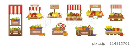 Market Stall with Ripe Fruit and Vegetables Crop Vector Set Market Stall with Ripe Fruit and Vegetables Crop Vector Set 114515701