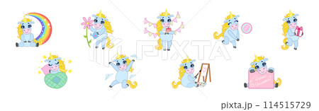 Cute Unicorn Character with Golden Mane and Twisted Horn Vector Set 114515729