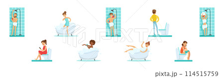 People Character In Bathroom Have Routine Hygiene Procedure Vector Set People Character In Bathroom Have Routine Hygiene Procedure Vector Set 114515759