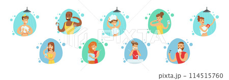 People Character In Bathroom Have Routine Hygiene Procedure Vector Set 114515760