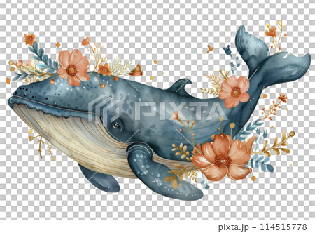 Blue Whale Surrounded by Greenery Watercolor Painting Blue Whale Surrounded by Greenery Watercolor Painting 114515778