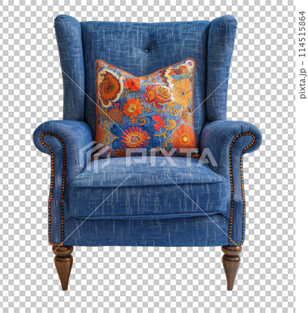 Blue Chair With Colorful Pillow 114515864