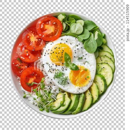 Plate of Food With Eggs, Avocado, Tomatoes, and Spinach 114515909