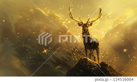 Majestic Deer Illuminated by Golden Light Atop a Mountain at Dusk Majestic Deer Illuminated by Golden Light Atop a Mountain at Dusk 114516004