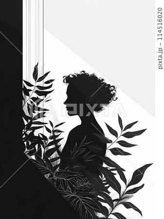 Silhouette of a Young Woman with Tropical Plants in Monochrome Style 114516020
