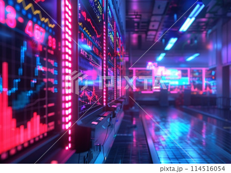 Advanced Technology in Stock Exchange: Futuristic Trading Floor with Vivid Displays 114516054