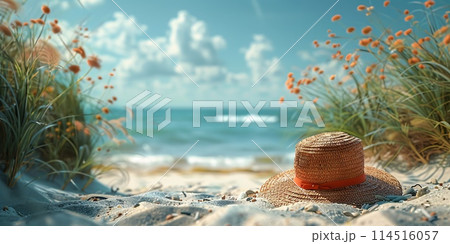 Straw Hat Resting on a Sandy Beach with Wildflowers and Ocean View 114516057