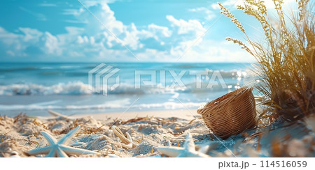 Peaceful Beach Scene with Starfish, Seashells, and Woven Basket 114516059