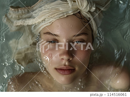 Young Woman Relaxing in Water with Floral Headscarf, Captivating Serenity 114516061
