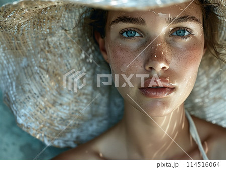 Young Woman in Sunhat with Freckles on a Sunlit Summer Day 114516064