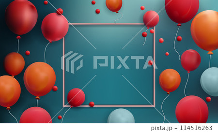 A blue background with a red frame and lots of red and orange balloons A blue background with a red frame and lots of red and orange balloons 114516263