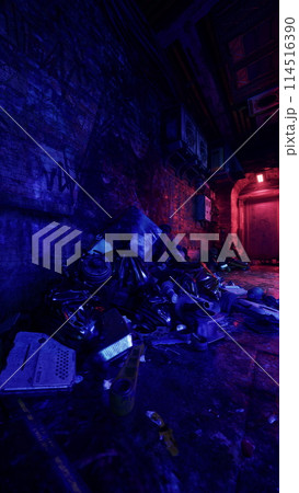 Dark Room With Laptop and Trash 114516390