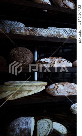 Assorted Breads Displayed on Old Bakery Shelf Assorted Breads Displayed on Old Bakery Shelf 114516432