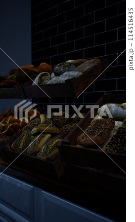Assorted Bread Varieties on Old Bakery Counter 114516435