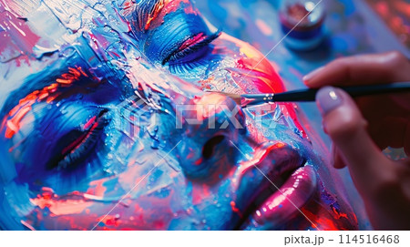 Artistic Creation of Bold Blue Female Face in Intense Colorful Painting Session 114516468