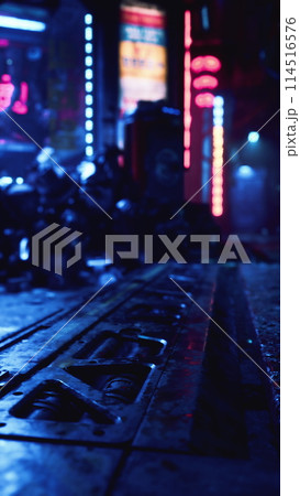 Neon-Lit Dark City Street at Night 114516576