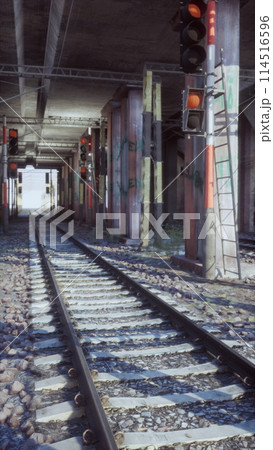 Train Track at Train Station With Traffic Light 114516596