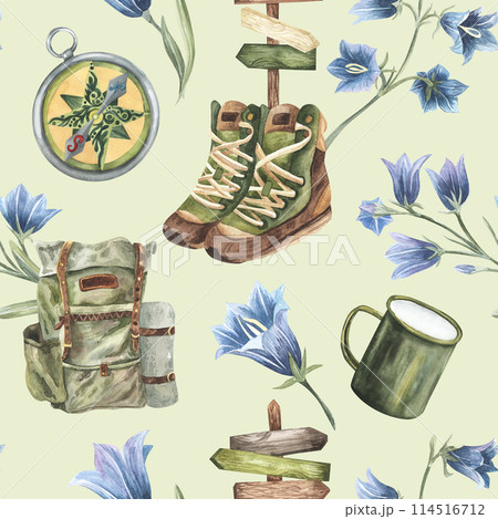 Colorful watercolor camping hiking pattern with bluebell flower, compass, mug, backpack elements. Seamless travel pattern. Hand drawn. For paper, textile, design, fabric. Green background Colorful watercolor camping hiking pattern with bluebell flower, compass, mug, backpack elements. Seamless travel pattern. Hand drawn. For paper, textile, design, fabric. Green background 114516712