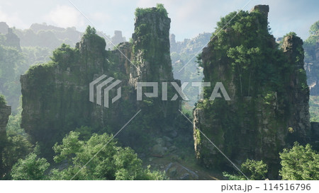 A serene and secluded rock formation in the heart of a lush forest A serene and secluded rock formation in the heart of a lush forest 114516796