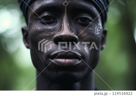 African shirtless man with vibrant face paint and ethnic jewelry 114516922