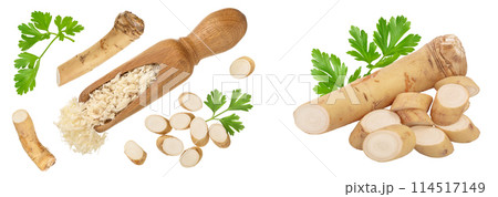 Horseradish root grated in scoop with slices isolated on white background 114517149