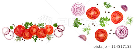 tomato and cucumber slice with onion, parsley, dill isolated on white background with copy space for your text 114517152