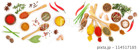 mix of spices in wooden spoon isolated on a white background. Top view. Flat lay. Set or collection 114517185