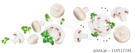 Fresh mushrooms and slices isolated on white background with copy space for your text. Top view. Flat lay. 114517191