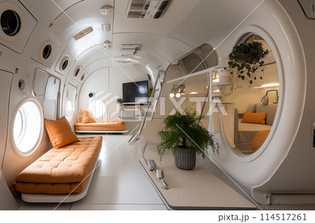 Futuristic Capsule Hotel Interior With Sleek Design and Comfort Amenities 114517261