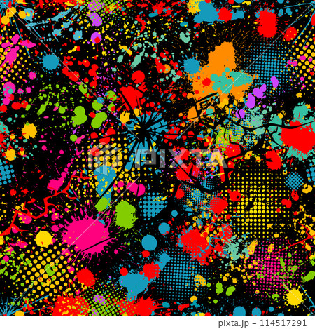 Seamless colored blots on a black background. hand drawing. Not AI, Vector illustration Seamless colored blots on a black background. hand drawing. Not AI, Vector illustration 114517291